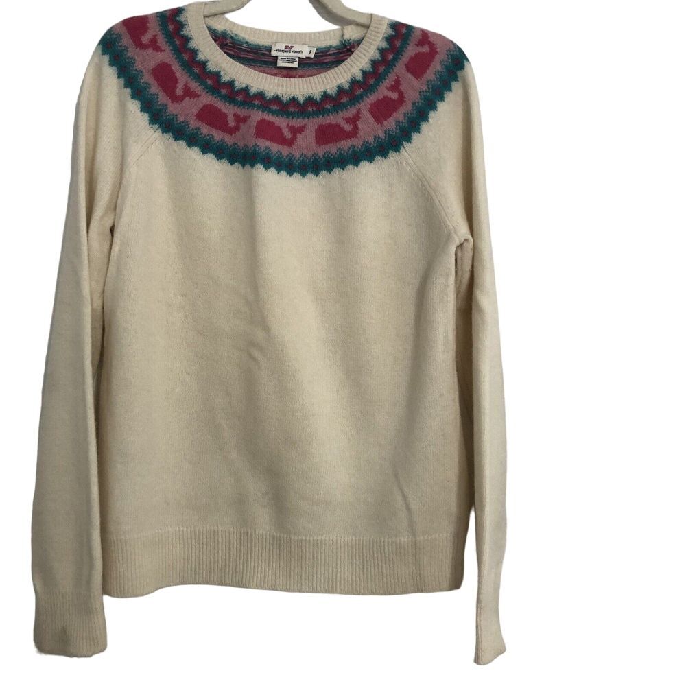 Vineyard Vines Cream Pink‎ Whale Crewneck Sweater Fair Isle Women's Small Rare